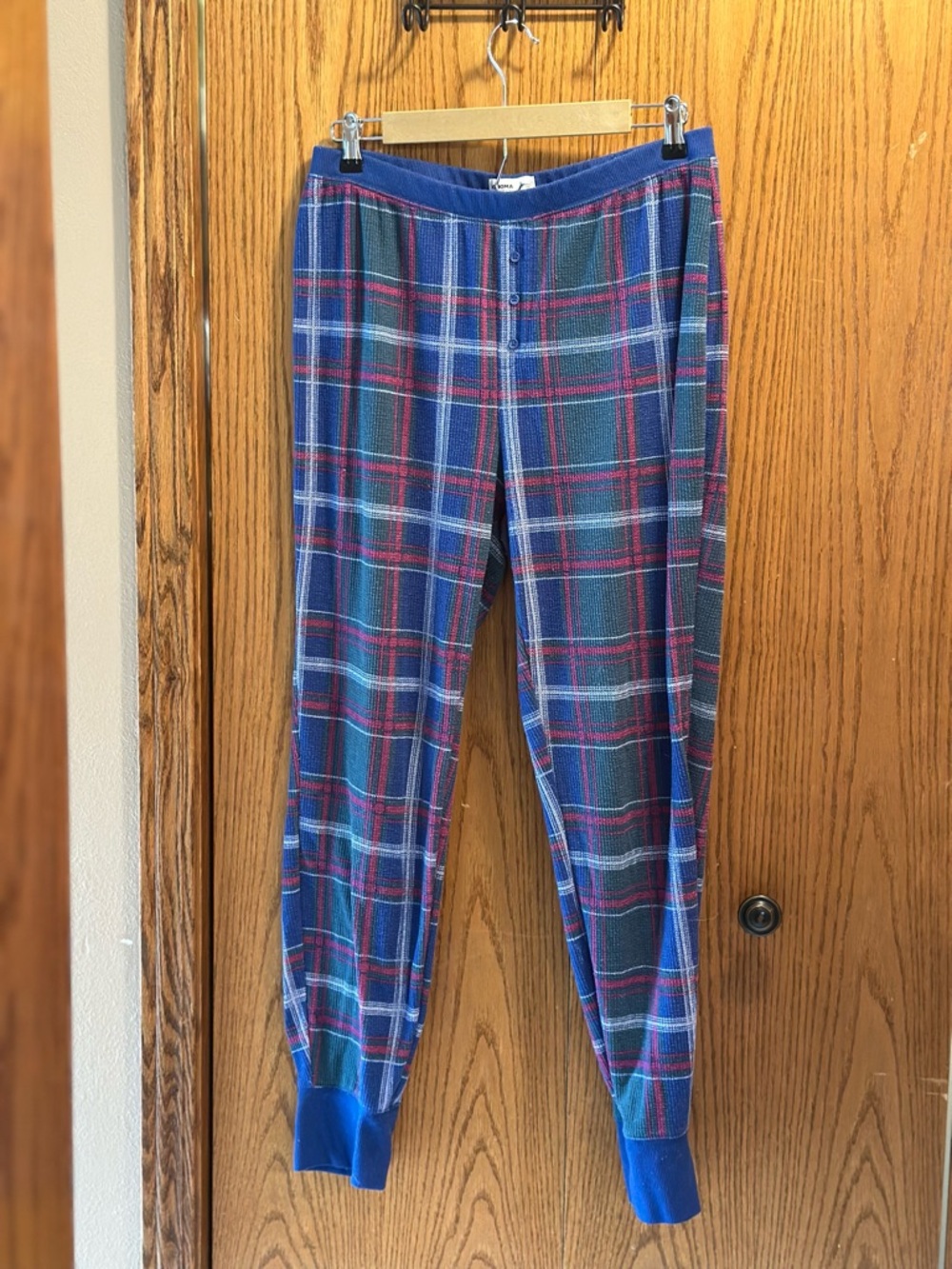 Plaid Henley waffle knit pants in Blue and Green